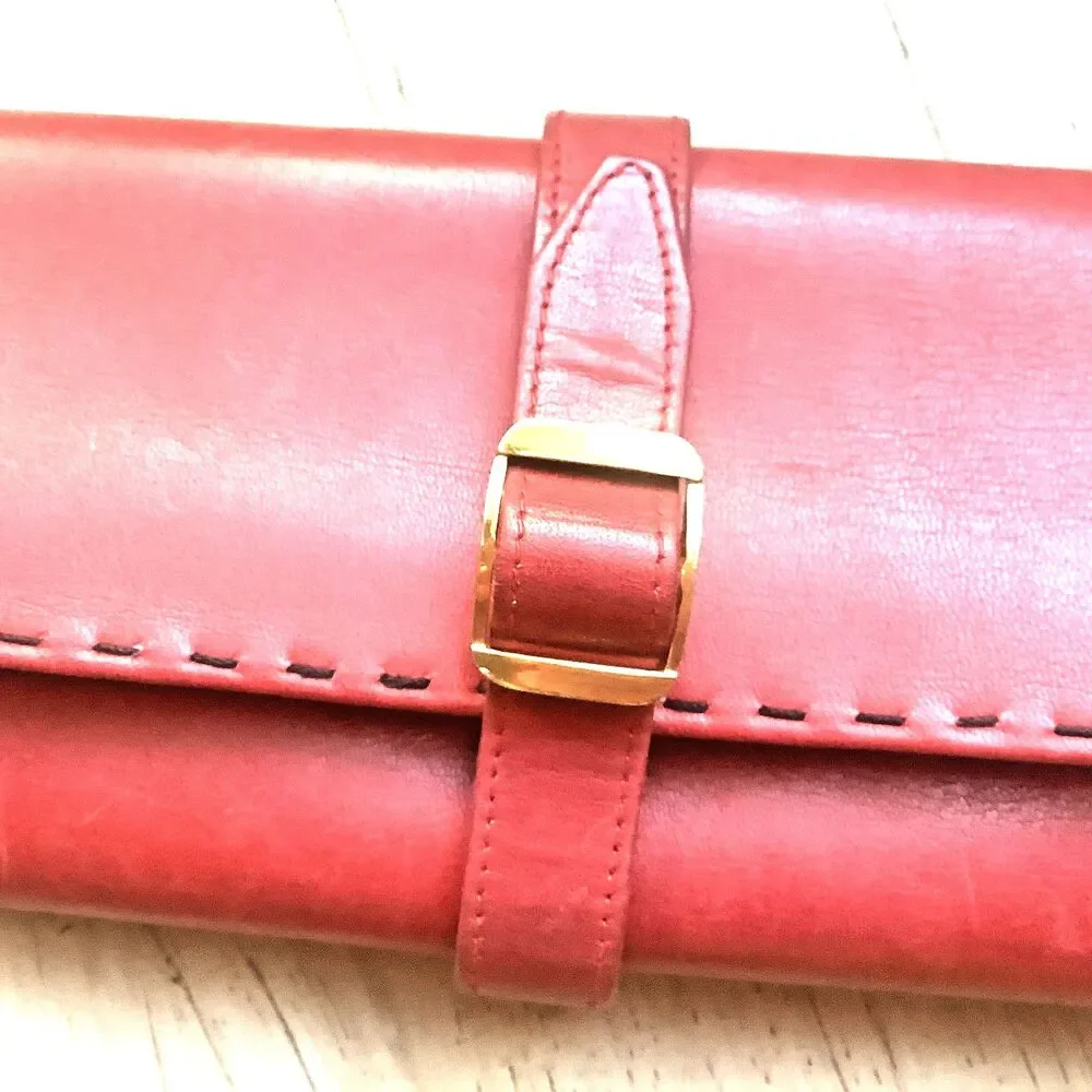 Vintage Jewelry Organizer Red Italian Leather Travel Pouch Blue Suede Lined